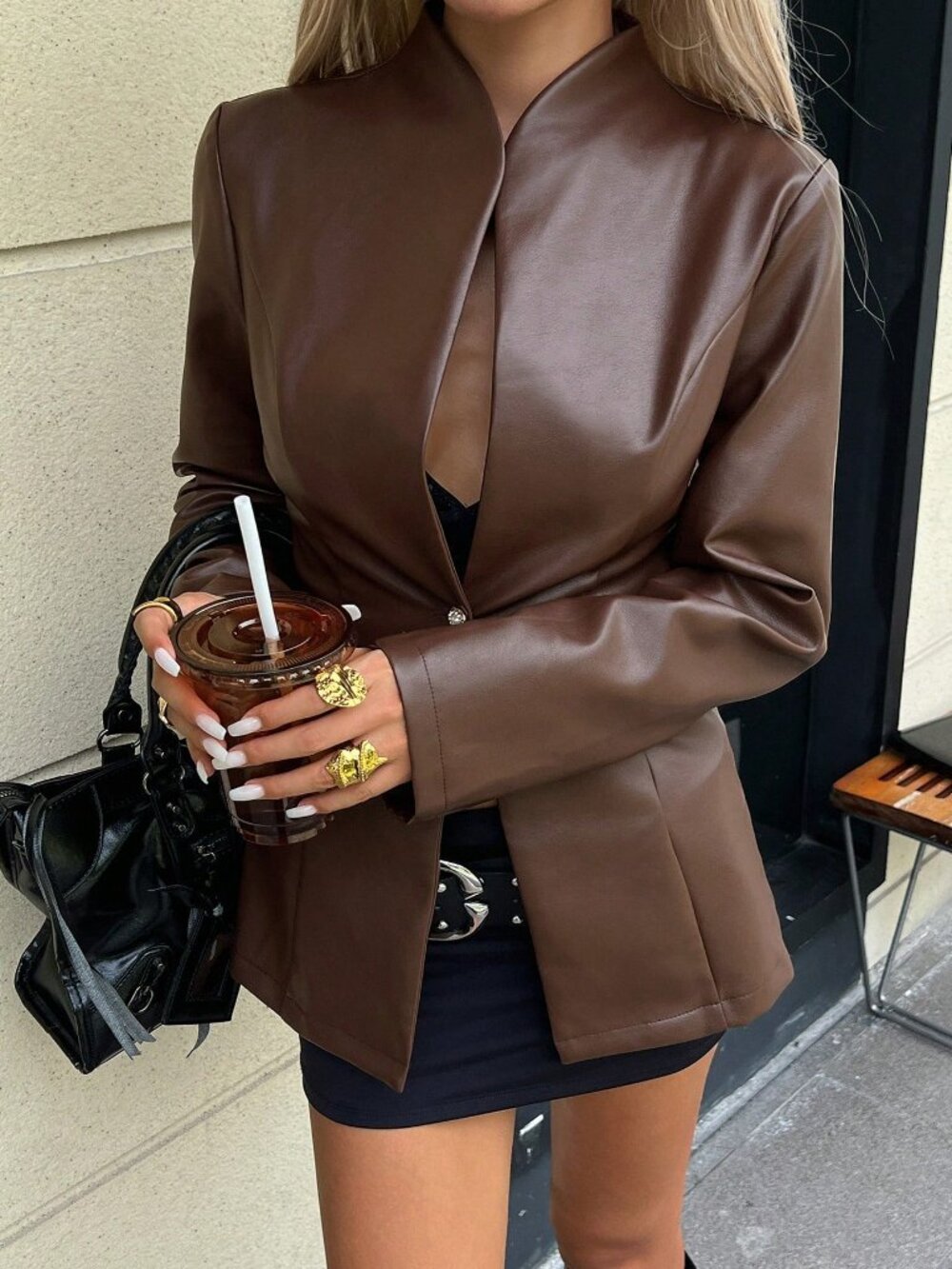 Chocolate Brown Elegant Women's Regular Fit Stand Collar Zipper Jacket - Picture 4 of 7